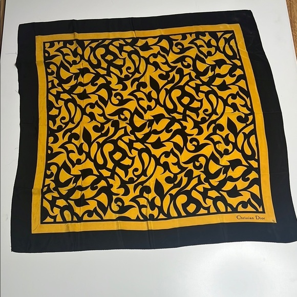 Christian Dior 1970’s Vintage 30” Square 100% Silk Scarf Geometric Black Yellow - Picture 1 of 3